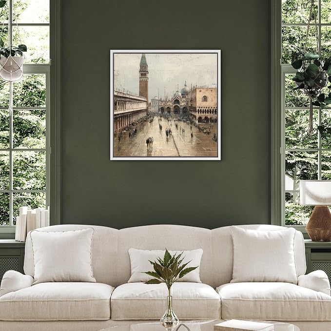 SIGNFORD Framed Canvas Print Wall Art Classic European Cityscape Architecture Illustrations Modern Art Relax/Calm Warm for Living Room, Bedroom, Office - 24"x24" WHITE