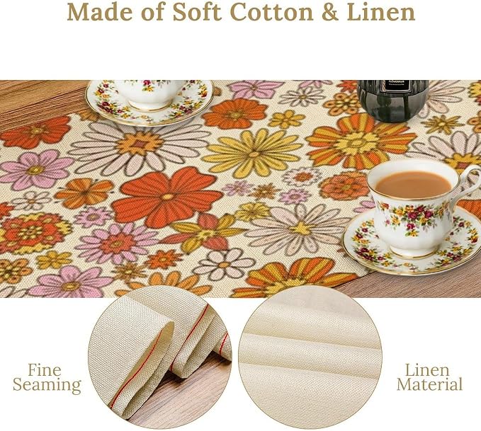 Vintage Floral Table Runner Boho 70s Style Retro Daisies Flower Hippie Groovy Funny Pattern Dinner Runner for Home Kitchen Dining Table Party Decor 13"x120"