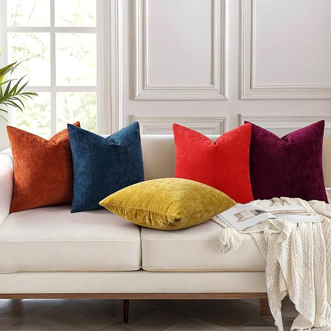 decorUhome Chenille Burgundy Throw Pillow Covers 18x18 Inch Set of 2, Decorative Soft Couch Pillow Covers Solid Dyed Accent Farmhouse Neutral Square Pillow Cases for Sofa