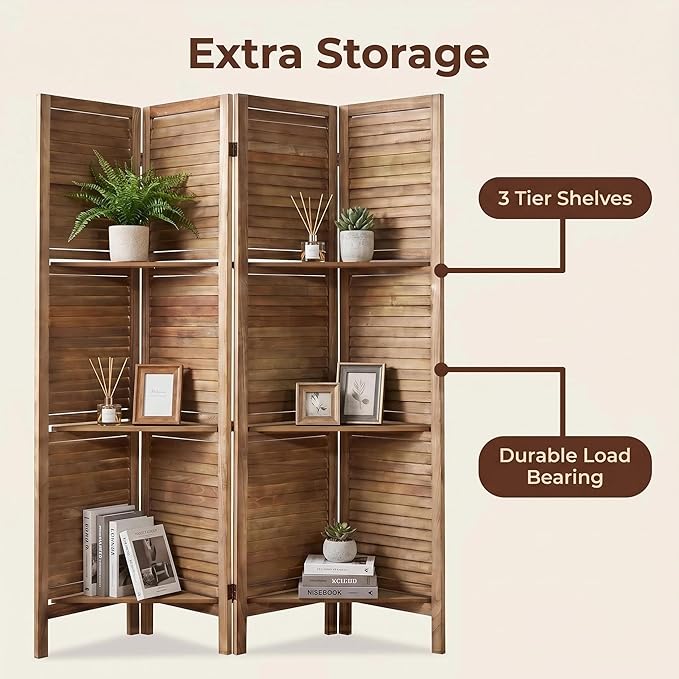 Bluecat 4 Panel Room Divider with Shelves,64" W x 67" H Foldable Privacy Screen, Freestanding Solid Wood Partition Wall for Home Office Bedroom, No Assembly Required,Dark Brown