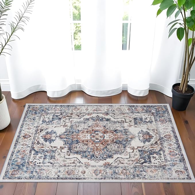 Hallway Washable Runner Rug - 2x3 Kitchen Rugs Entryway Rug Runner Vintage Soft Floor Mat Non Slip Indoor Farmhouse Carpet for Bathroom Living Room Bedroom (2 X 3, Brick)