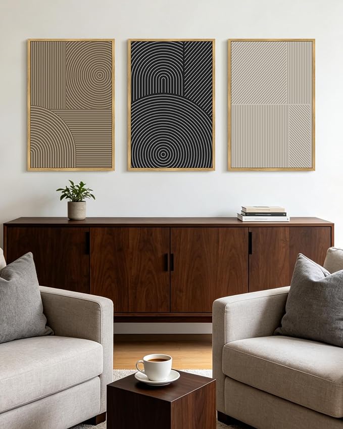 KUVIOKE Minimalist Abstract Boho Framed Wall Art Modern Mid-Century Bohemain Neutral Line Wall Decor Geometric Artwork Bedroom Decor 16x24in (Natural Framed)