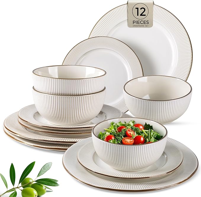 GBHOME Ceramic Dinnerware Sets,12 pcs Embossed Elegant Stoneware Plates and Bowls Sets, Housewarming Wedding Gift | Dishwasher & Microwave Safe | Dishes Set Service for 4