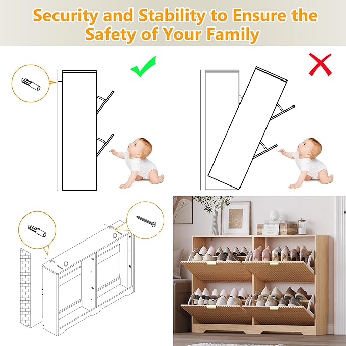 BORNOON Large Shoe Cabinet for Entryway, Shoe Rack Cabinet with 4 Flip Drawer and Adjustable Shelves for Small Apartment, Foyer