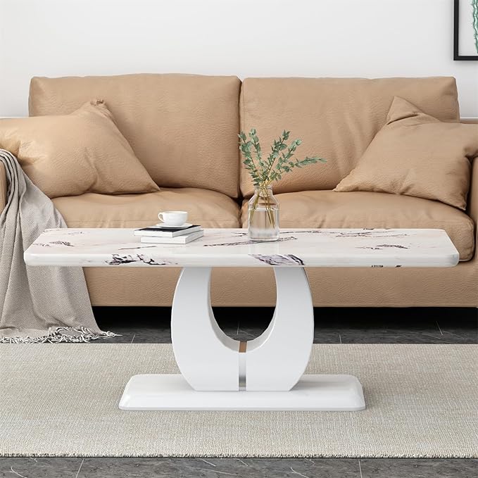 LKTART Rectangle Coffee Table for Living Room, Imitation Marble Coffee Tables with Storage, Modern Stable Base Accent Center Tea Table for Dining Room Small Space Apartment (43.3''L×22.4''H-White)