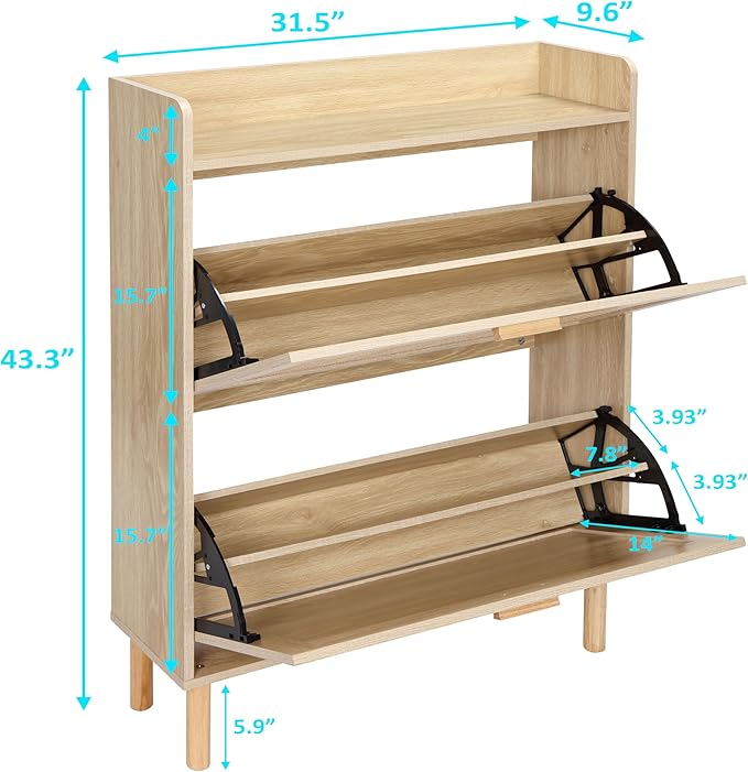 Finnhomy Extended Edition Shoe Cabinet with Natural Rattan Flip Drawers for Entryway, Free Standing 2 Tier Slim Shoe Organizer with Large Top Board, Shoe Cabinet with 3-Gear Adjustable Width Drawers