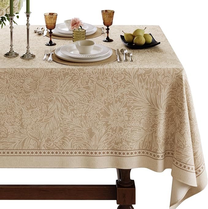 Beige Thick Linen Tablecloth for Rectangle Tables, Waterproof Wipeable Decorative Table Cover for Dining Kitchen Indoor Outdoor, 55" x 79", 4-6 Seats