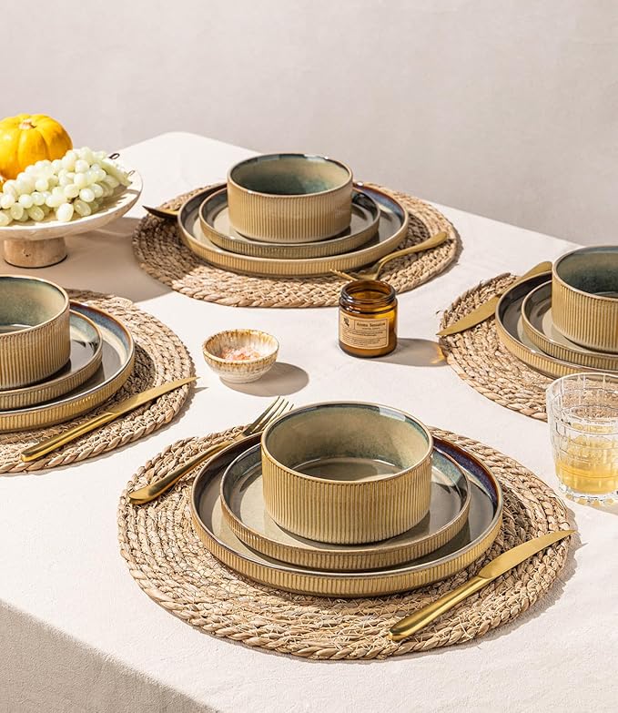 GBHOME Stoneware Dinnerware Sets for 4, 12 Pieces Ceramic Ribbed Plates and Bowls Set, Reactive Glaze Stackable Plate Sets, Scratch Resistant Dishes, Microwave & Dishwasher Safe, Pale Khaki