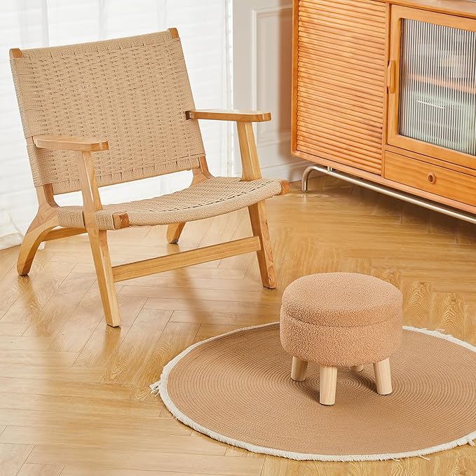 Wimarsbon Storage Ottoman, Modern Round Footrest with Soft Padded Seat, Teddy Velvet Footstool with Wood Legs, Accent Small Table or Plant Stand for Hallway, Living Room (Champagne)