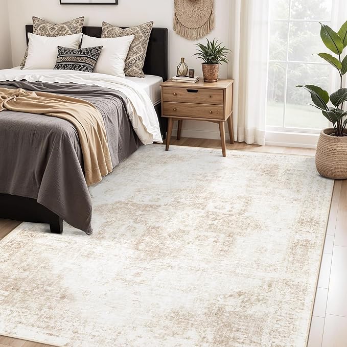 Area Rug 5x7 Washable Rug, Vintage Boho Medallion Rugs Non-Slip Soft Low Pile Large Distressed Rug Indoor Retro Carpet for Living Room Bedroom Dining Room Home Office (Beige, 5'x7')