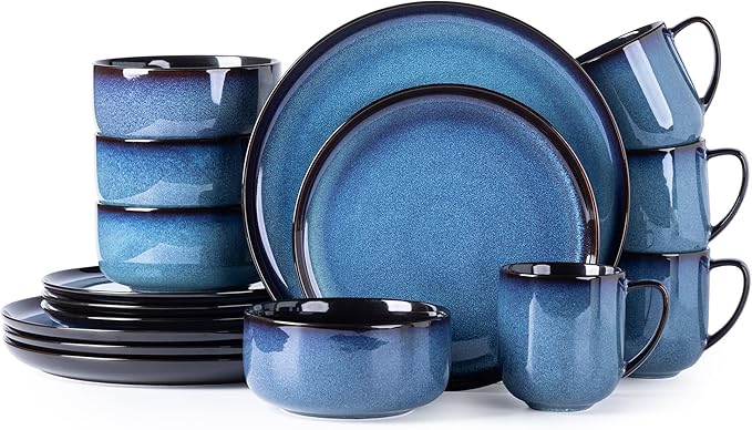 LERATIO Ceramic Dinnerware Sets for 4,16-Piece Reactive Glaze Plates and Bowls Set with Mugs,Highly Chip and Crack Resistant | Dishwasher,Microwave & Oven Safe Dishes set-Blue