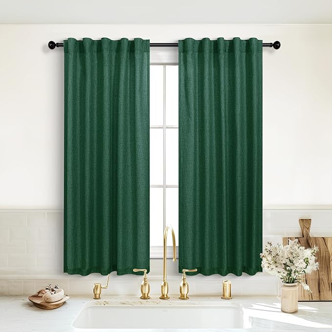 KOUFALL Short Green Curtains for Kitchen Bathroom Window,Sheer Linen Decorative Curtains for Bedroom