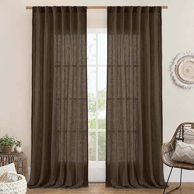 LAMIT Linen Curtains 90 Inch for Living Room, Back Tab and Rod Pocket Linen Textured Farmhouse Curtains Light Filtering Drapes for Bedroom/Dining Room, Dark Brown, Set of 2, 52 x 90 Inch