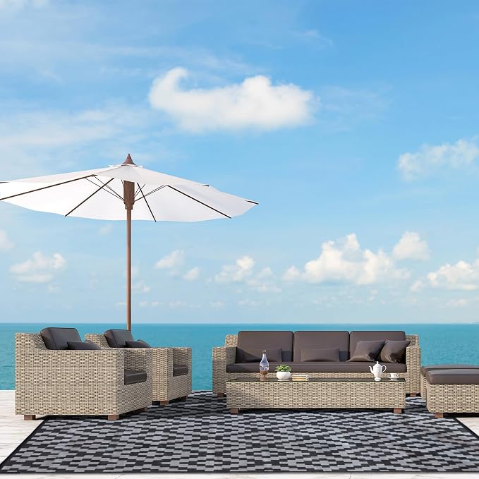 SAND MINE Waterproof Outdoor Rug, Plastic Reversible Rug, Modern Area Rug, Large Floor Mat for Outdoors, RV, Patio, Backyard, Deck, Picnic, Beach, Camping (10' x 10', Black Grey Lattice)