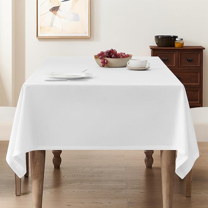 White Linen Square Tablecloth Neutral Wrinkle-Proof Faux Burlap Table Clothes for Dining 55 x132