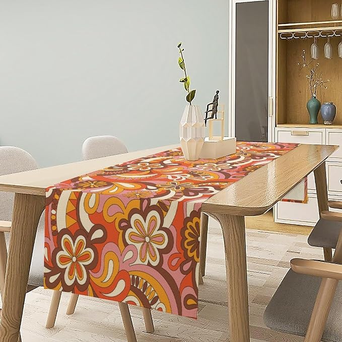 Vintage Groovy Floral Table Runner Nostalgic Retro Hippie 70s Wavy Abstract Flowers Dinner Runner for Home Kitchen Dining Table Holiday Party Decor 13"x108"