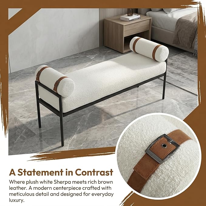 LukeAlon Modern 55" End of Bed Bench Long King Upholstered Sherpa Ottoman Bench with Arms & Detachable Strappy Pillows for Bedroom Entryway Window Bench with Black Metal Legs, White (Strap: Brown)