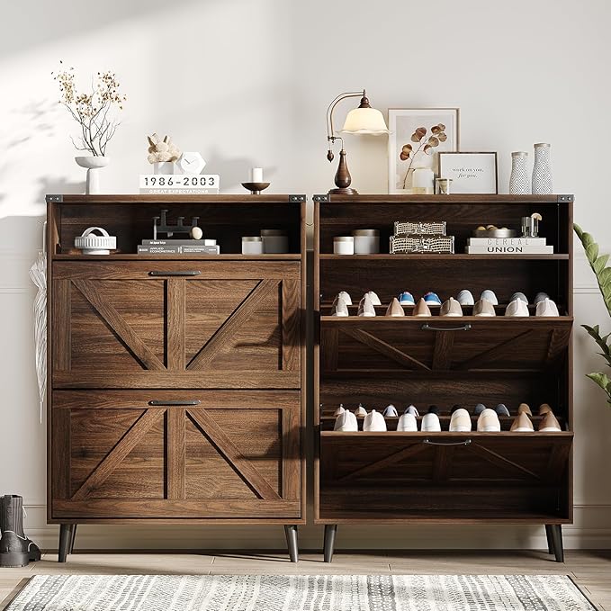 Halitaa Shoe Cabinet with 2 Flip Drawers & Open Storage,Farmhouse Shoe Storage Cabinet for Entryway,Freestanding Narrow Organizer Rack with Legs,Foyer,Hallway,Dark Walnut