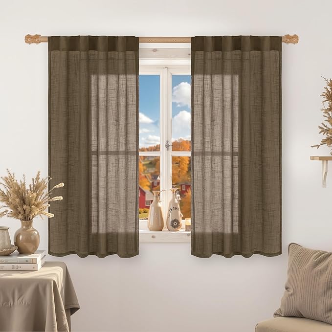 LAMIT Semi Sheer Linen Kitchen Window Curtains, 45 Inch Length Back Tab and Rod Pocket Linen Weave Window Treatments Privacy with Light Filtering Drapes for Bedroom, 2 Panels, 34 x 45 Inch, Brown