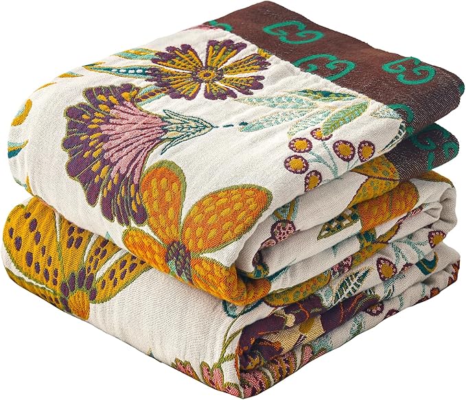 VANJOROY Boho Throw Blanket for Bed, 100% Cotton Muslin Soft Twin Throw-Floral Farmhouse Rustic Decor Blanket for Couch Sofa Quilt and Gift, 60" x 80"-BeigeWhite