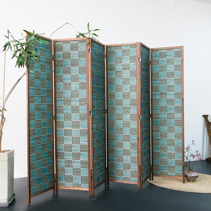 Furnnylane 6 Panel Room Divider Screen and Folding Panel Screen,Double Sided Bamboo Divider for Room Separation,Blue Square,67" H x 94.5" W
