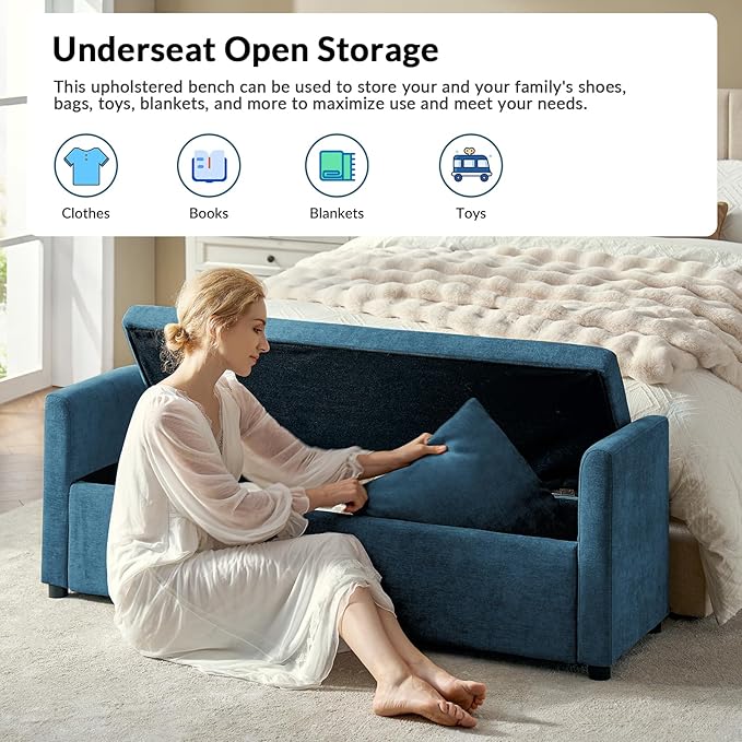 EcoHarbor Modern Storage Ottoman Bedroom Bench, End of Bed Bench with Throw Pillows and Arms, Footrest Stool for Living, Dining Room, Entryway and Hallway(Teal 59.4inch)