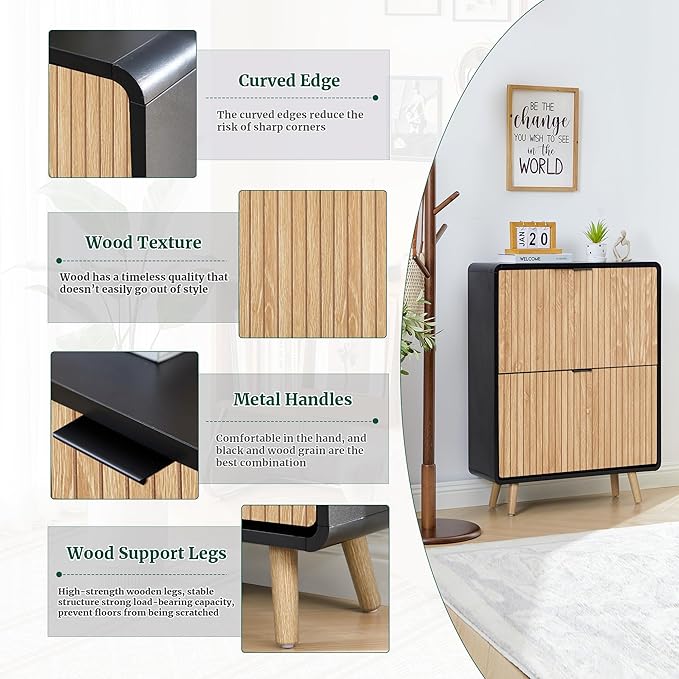 FurSch Narrow Shoe Cabinet Storage for Entryway,Slim Shoe Cabinet with 2 Flip Drawers, Fluted Shoes Rack Organizer (Natural with Black, 2 Drawers)