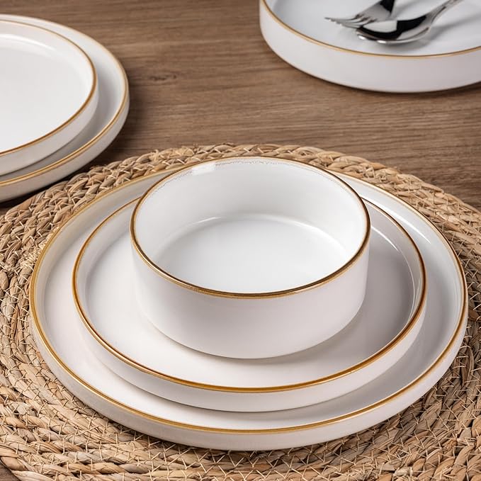 GBHOME Ceramic Dinnerware Sets for 4, 12 Pieces Stoneware Plates and Bowls Sets, Reactive Glaze Dishes -Scratch Resistant, Dishwasher&Microwave Safe-Pearl White