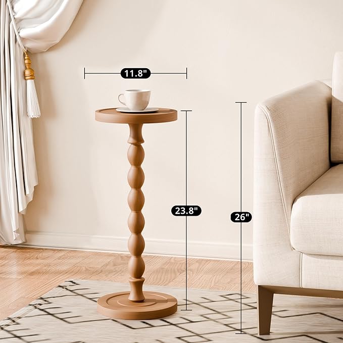Solid Wood Drink Table, Rubber Wood‌ Small Round Side Table for Small Spaces, Martini Tables, Pedestal End Tables for Living Room, Bedroom, Corners, and Office (Light Walnut, 9.4 inch)