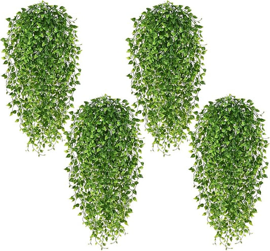 Waipfaru 4Pcs Artificial Hanging Plants, Fake Vines Boston Ivy Fake Hanging Plants for Outdoors UV Resistant Ivy Artificial Plants Faux Plants Indoor Living Room Boho Wall Porch Shelf Decor
