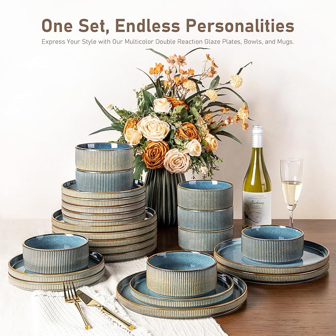 GBHOME 24-Piece Stoneware Dinnerware Set for 8 – Ribbed Ceramic Plates and Bowls, Scratch-Resistant, Microwave & Dishwasher Safe, Reactive Glaze, Reactive Glaze Teal