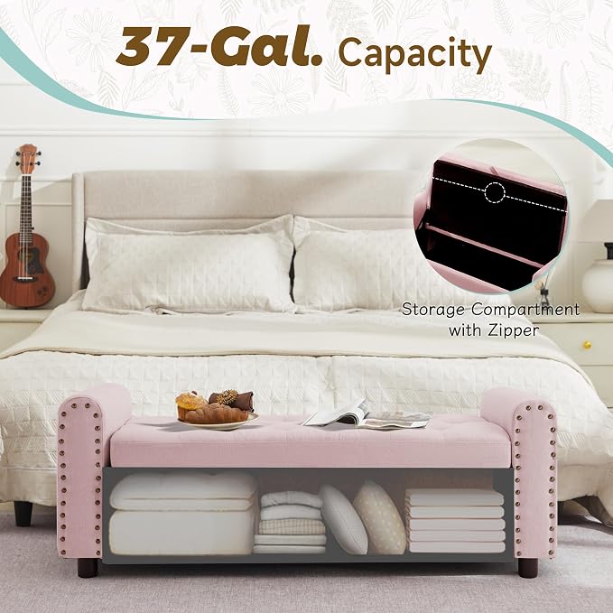 Ottoman with Storage, Tufted Storage Bench for Bedroom, 48" Fabrics End of Bed Bench, Upholstered Entryway Shoe Benches with Rolled Arm & Inner Zipper, Window Ottomans Chest with Rivets, Pink