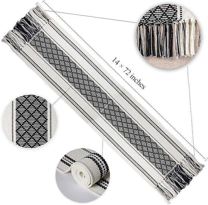 Wracra Boho Woven Table Runner 14 x 72 inches Black and White Rustic Table Runners Modern Farmhouse Style Vintage Rustic Table Runner with Tassels for Dresser Bridal Shower Home Dining Table Decor