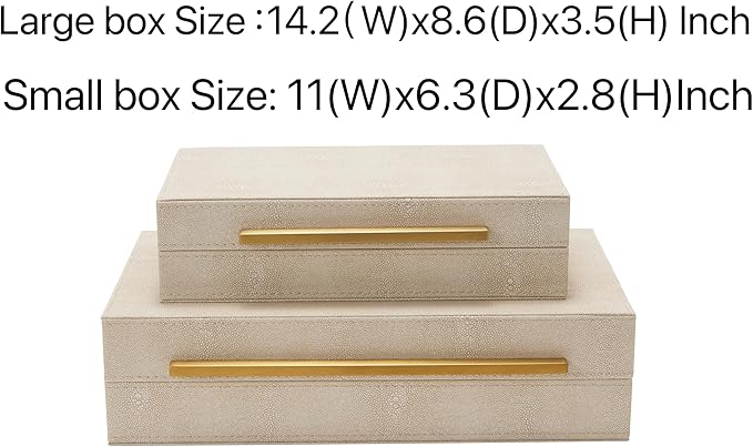 Sagala Set of 2 Ivory Shagreen Decorative Boxes With Brushed Gold Metal Handles, Faux Leather Jewelry Boxes Modern Storages Photo Memory Boxes Home Organizer Boxes (Ivory-Gold, 2pack)
