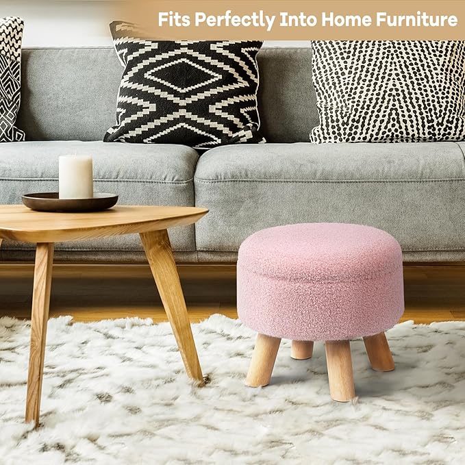 OGEMXU Ottoman Foot Rest, Small Round Ottoman with Storage, Boucle Teddy Velvet Footstool with Wood Legs, Soft Sponge Storage Ottoman for Living Room, Bedroom, Couch, Enterway (Pink)