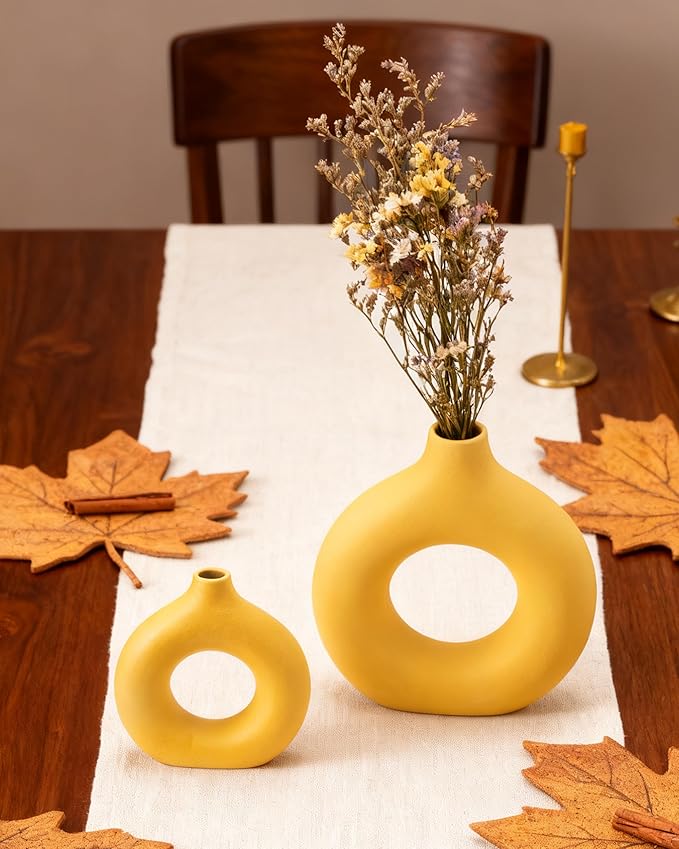 Ceramic Vase Set of 2 Home Decor Modern Farmhouse Style Living Room Ornament Dining Table Room Pottery Yellow Small Donut Vases for Dried Flowers