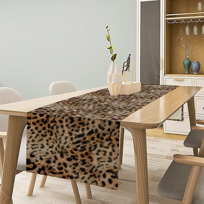Fur Table Runner,Retro Farm Wild Animal Leopard Skin Pattern Table Runner for Coffee Table Dining Room Table Bedroom Party Holiday Decor 13x108inch