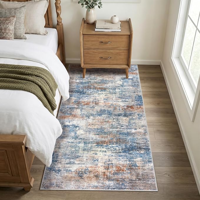 IOHOUZE Abstract Runner Rug 3x7 Ft Washable Runners for Hallways, Non Slip Kitchen Runner Printed Faux Wool Entryway Runner Indoor, Modern Abstract Floor Carpet for Hall Kitchen Bedroom, Blue Rust