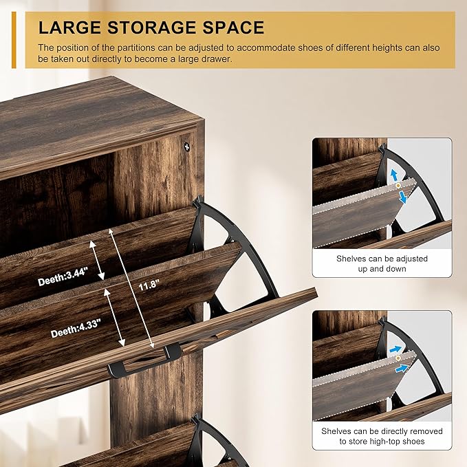 Shoe Cabinet Storage for Entryway with 4 Flip Drawers, Slim Shoe Rack Cabinet with Stylish Handwoven Panel, Farmhouse Shoe Organizer Cabinet for Hallways, Living Rooms, Rustic Brown