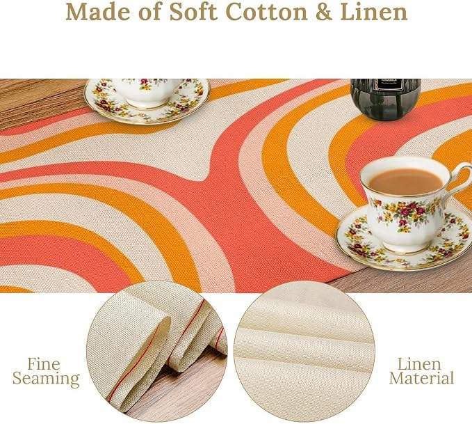 Retro 70s Groovy Table Runner Vintage Abstract Modern Art Boho Spiral Swirl Waves Farmhouse Country Dinner Runner for Home Kitchen Dining Table Party Holiday Decor 13"x90"