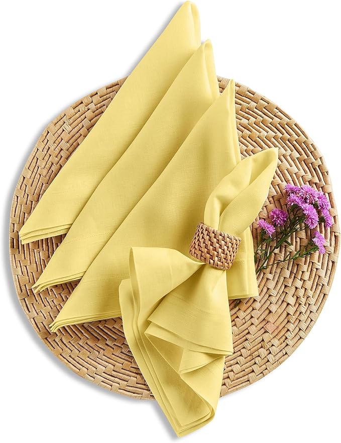 Solino Home Linen Cloth Napkins Set of 4-100% Pure Linen Sunshine Yellow Dinner Napkins 20 x 20 Inch for Spring, Summer, Mothers Day - Fete, Handcrafted and Machine Washable