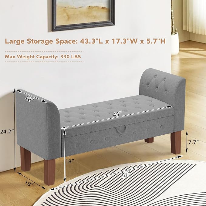 Awonde Armed Storage Bench for Bedroom Entryway Living Room Upholstered Tufted Ottoman Bench Gray