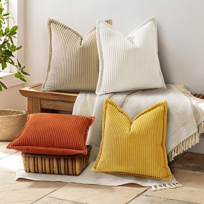 decorUhome Summer Corduroy Pure White Euro Sham Throw Pillow Covers 26x26 Set of 2 Decorative Soft Boho Farmhouse Couch Pillow Covers for Living Room Bed Sofa Broadside Striped Pillow Cases