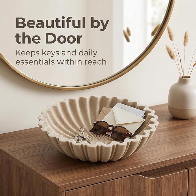 Decorative Bowl for Home Decor, 10.6" Large Modern Beige Scalloped Fruit Bowl for Coffee Table, Entryway Table, Kitchen Counter, Centerpiece for Keys or Candy