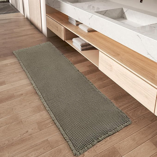AMOAMI Upgraded Waffle Runner Rug Super Absorbent Non Slip Bath Mats for Bathroom Floor Washable Bathroom Runner Rug with Tassels, Ideal for Hallway Bedroom Laundry Room, Green, 2' x 6'(24" x 72")