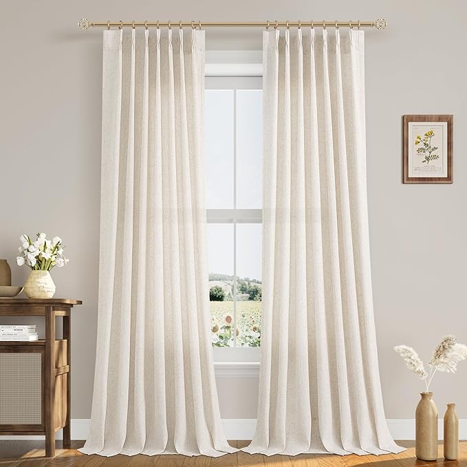 Extra Long Linen Curtains 102 Inches for Living Room Cream Pinch Pleated Light Filtering Semi Sheer Curtain Back Tab Farmhouse Boho Decor Window Drapes for Bedroom Natural Beige Ivory 40x102, 2 Panels