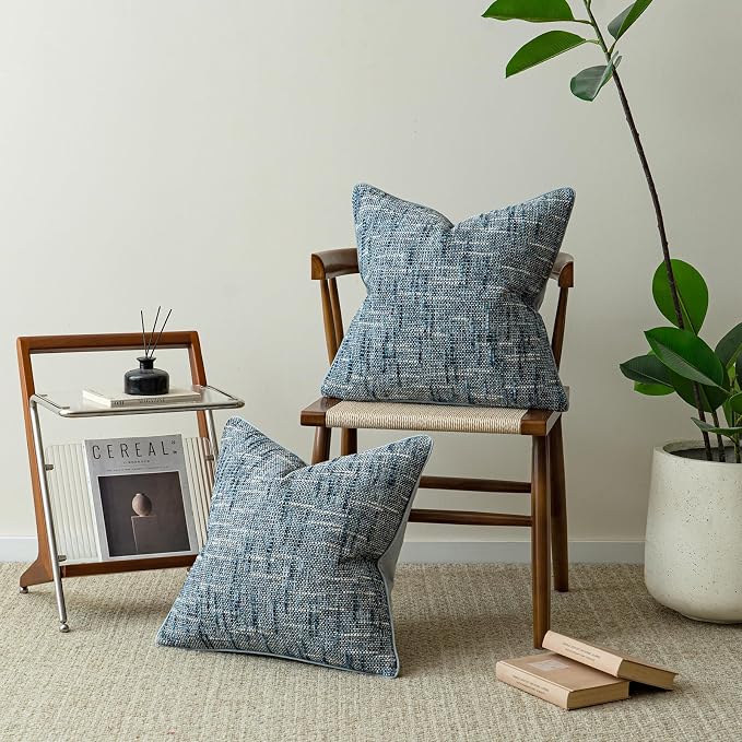 a moment Light Blue Reversible Pillow Covers 2 Pack - Farmhouse Chenille Velvet Throw Pillows, Neutral Textured Decorative Throw Pillow Covers with Border for Couch Sofa Bed (22x22 Inch, No Insert)