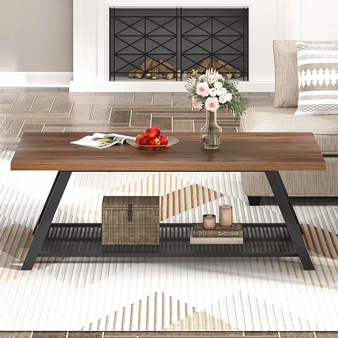 FOLUBAN Modern Coffee Tables for Lliving Room, Retro Wood and Metal Coffee Table with Storage, 2-Tier Industrial Rectangle Cocktail Tea Table, Walnut, 47 Inch