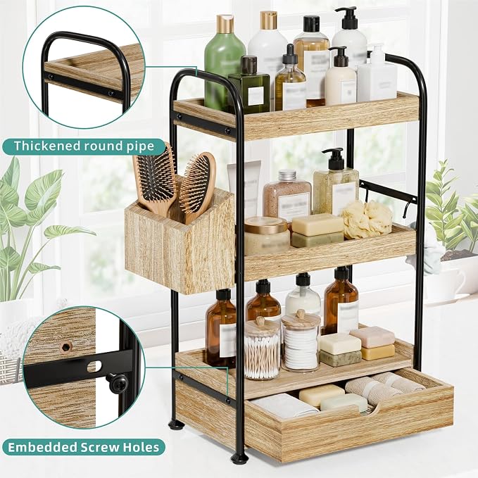 Kottwca 3-Tier Bathroom Counter Organizer with Drawer, Wooden Vanity Skincare Storage Shelf with Thickened Metal Frame, Countertop Shelf with Basket & Hooks for Makeup Organization, Light Brown