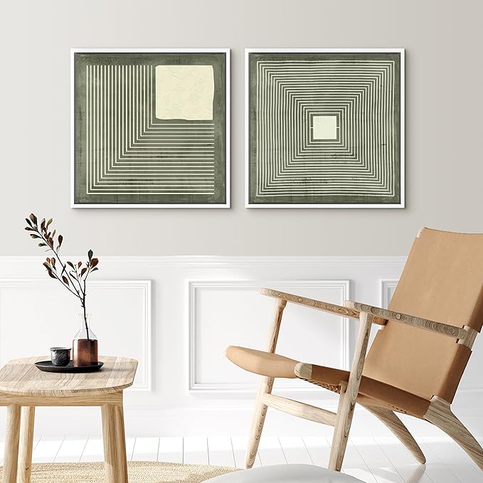 SIGNFORD Framed Canvas Print Wall Art Set Geometric Lines and Square in Green and White Illustrations Modern Art Minimal Relax/Calm for Living Room, Bedroom, Office - 24"x24"x2 White